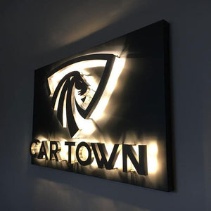 Custom Raceway Mounted Sign - Custom Logo Backlit Stainless Steel Sign - SIGNATUREL LLC