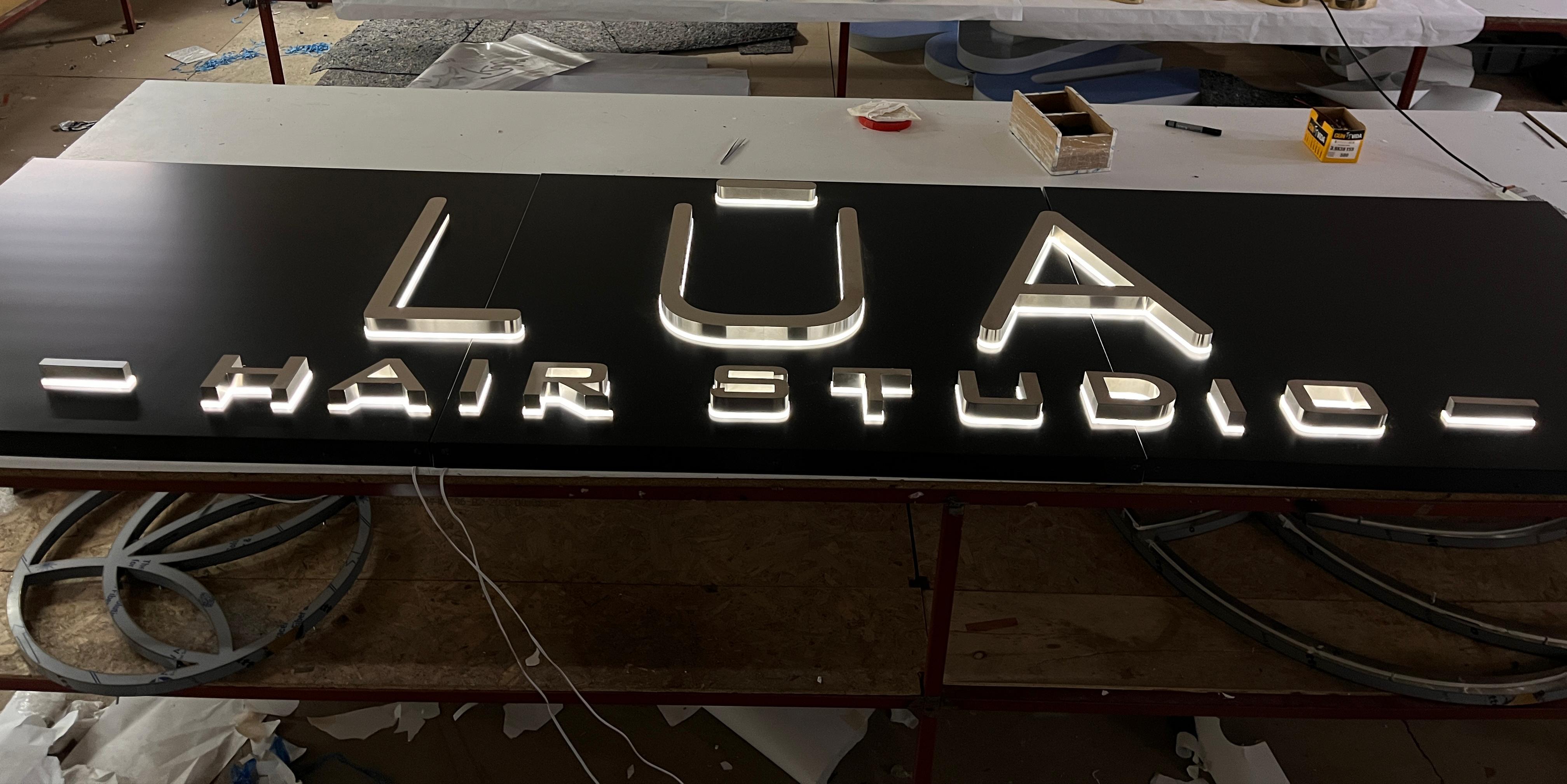 Custom Raceway Mounted Sign - Custom Logo Backlit Stainless Steel Sign - SIGNATUREL LLC