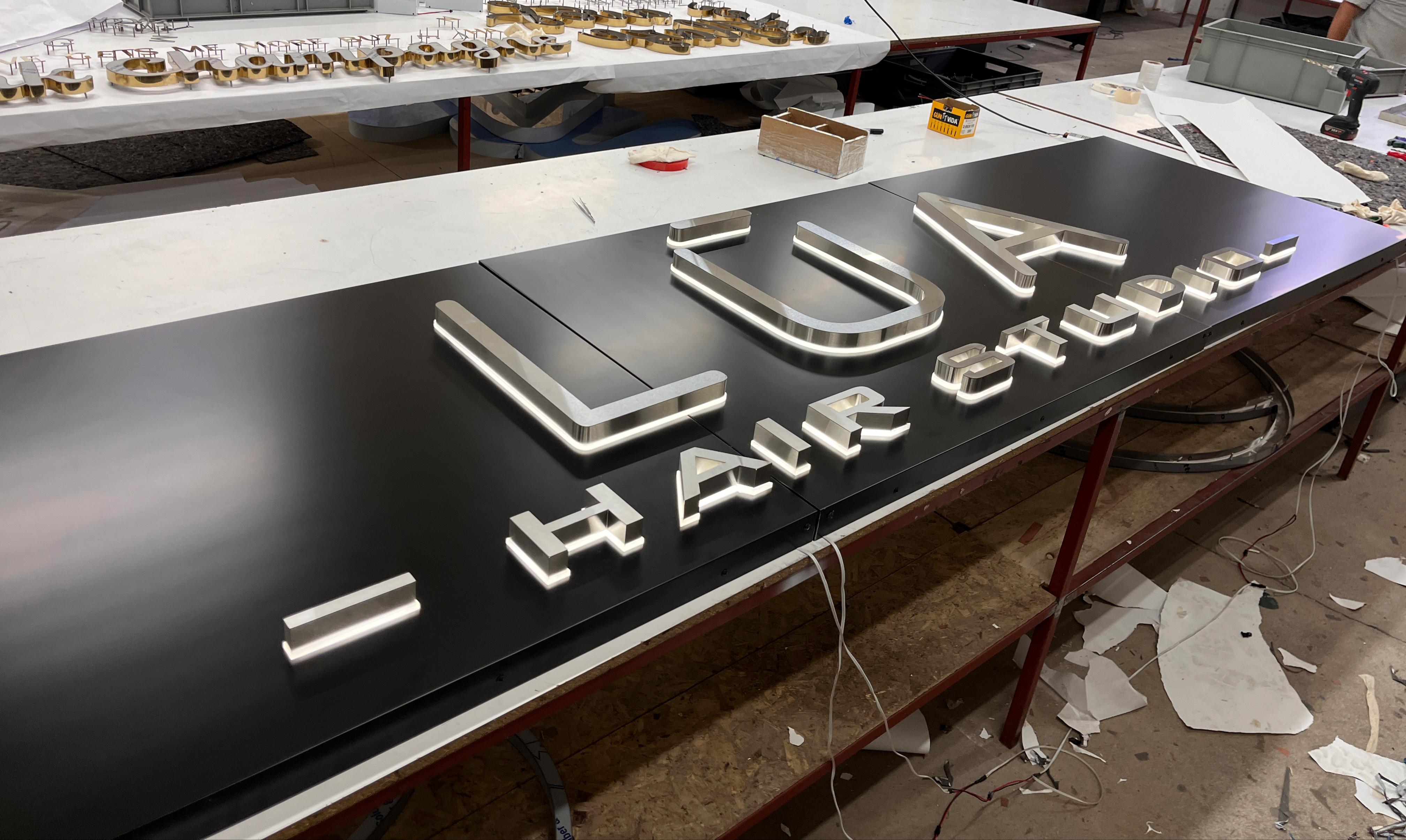 Custom Raceway Mounted Sign - Custom Logo Backlit Stainless Steel Sign - SIGNATUREL LLC